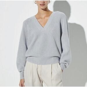 The Reset R Label Light Grey Ribbed Must Have V Neck Puff Sleeve Sweater Small